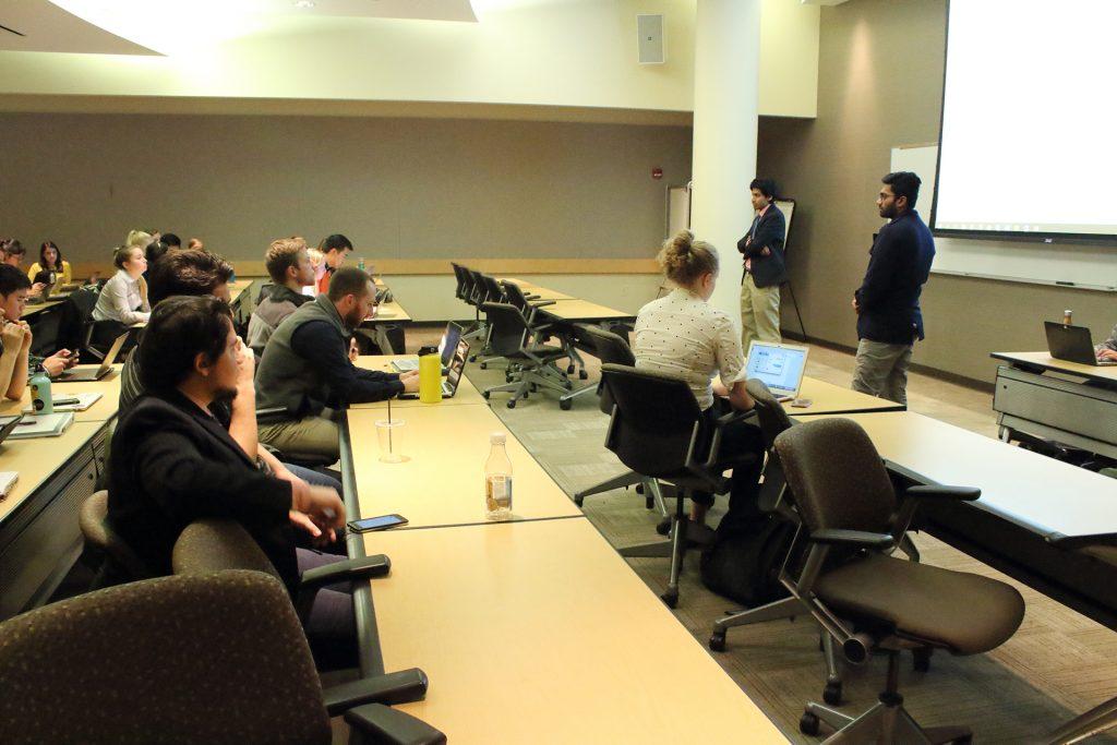 UISG Senators Sanjeev Thangarajah and Akash Bhalerao proposing new legislation at the University Capital Center on Tuesday, Nov. 14, 2017. UISG passed legislation about a new constituency position to increase international inclusion. (Ashley Morris/The Daily Iowan)