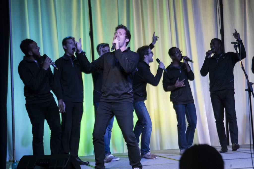Intersection performs during the Acapella Fall Festival in the IMU Main Lounge on Monday, Nov. 13, 2017. The four groups performed a mix of the Penatonix, Hozier, Sia, and Florence and the Machine. (Katie Goodale/The Daily Iowan)