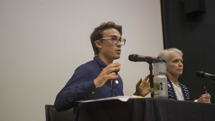 Iowa City City Council District B candidate Ryan Hall speaks during the UISG City Council Forum in the IMU on Wednesday, Oct. 18, 2017. The event gave students and community members the opportunity to ask city council candidates about various issues. (Lily Smith/The Daily Iowan)
