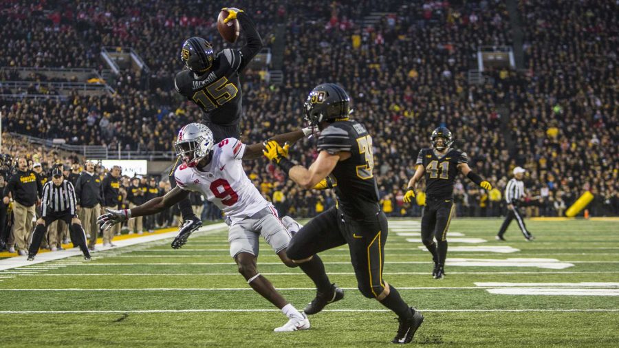 Iowa+Cornerback+Josh+Jackson+makes+a+jumping+one+handed+interception+during+Iowas+game+against+Ohio+State+at+Kinnick+Stadium+on+Saturday%2C+Nov.+4%2C+2017.+Jackson+made+three+interceptions+on+the+day+as+the+Hawkeyes+defeated+the+Buckeyes+55+to+24.+%28Nick+Rohlman%2FThe+Daily+Iowan%29