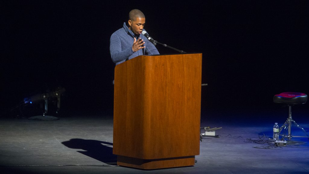 FILE - Leslie Odom Jr. speaks in collaboration with the UI Lecture Committee at Hancher Auditorium on Monday, Mar 27, 2017. Odom Jr. gained recognition and a 2015 Grammy Award and Tony Award for Best Actor for his work in the musical Hamilton. (The Daily Iowan/Lily Smith)