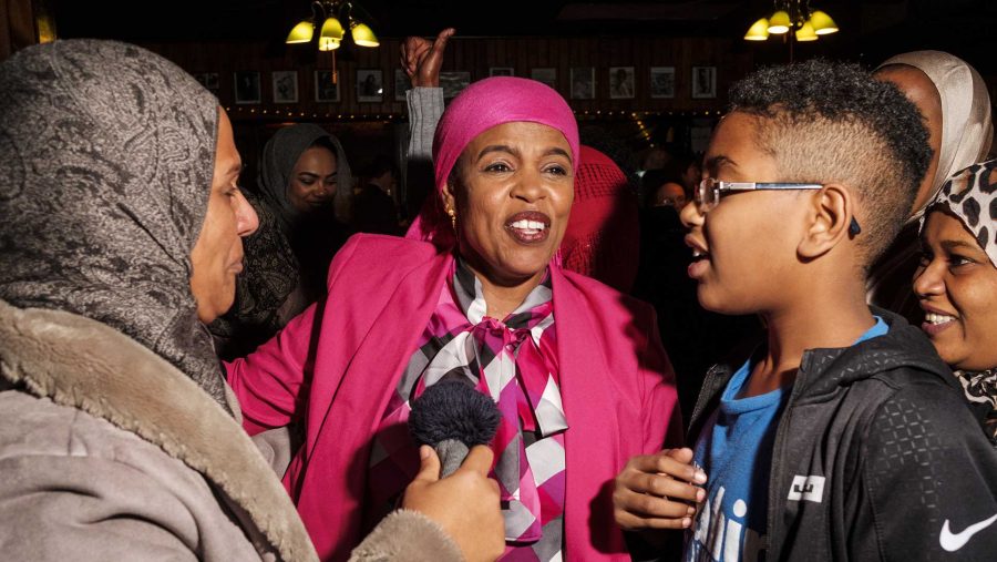 Mazahir Salih is congratulated by suporters and family members after election results were announced at the Mill in Iowa City on Tuesday, Nov. 7, 2017. Salih won an at large seat on the Iowa City city council along with incumbent Kingsley Botchway. (Nick Rohlman/The Daily Iowan)