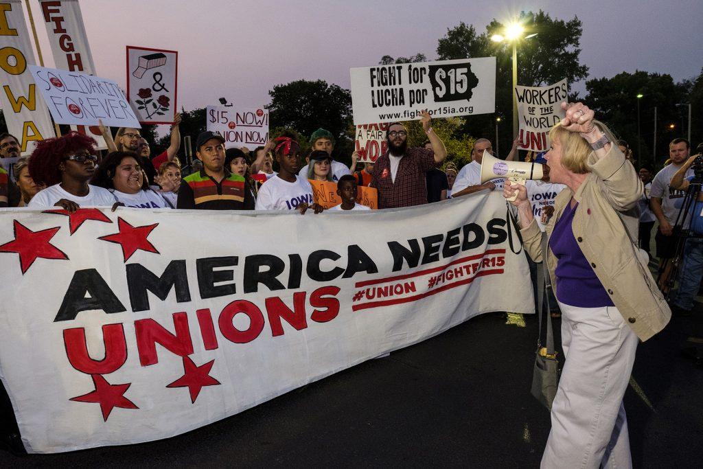 Democratic candidate for Iowa governor Kathy Glasson addresses protestors at a demonstration outside of a Burger King in Des Moines on Monday September, 4 2017. Protestors attended multiple events Des Moines on Labor Day in order to demonstrate in support of a fifteen dollar per hour minimum wage and private sector unions. (Nick Rohlman/The Daily Iowan)