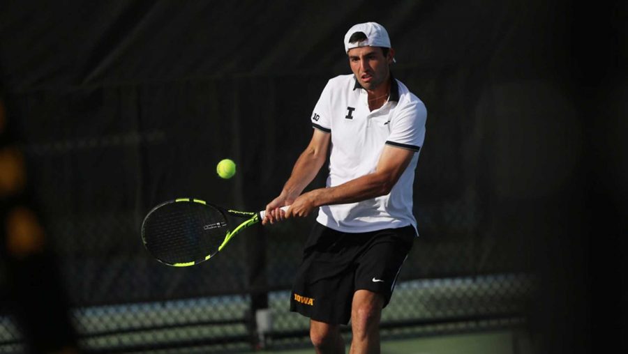 FILE - Iowas Josh Silverstein hits the ball back during the Iowa-University of North Dakota game at the Hawkeye Tennis and Recreation Complex on Sunday, April 23, 2017. The Hawkeyes defeated the Fighting Hawks, 7-0. (The Daily Iowan/file)