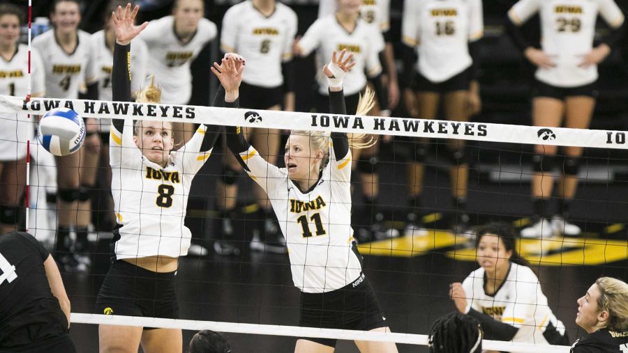 Iowas+Reghan+Coyle+and+middle+blocker+Kelsey+ONeill+block+a+spike+during+an+Iowa%2FPurdue+volleyball+game+in+Carver-Hawkeye+Arena+on+Sunday%2C+Nov.+5%2C+2017.+The+Boilermakers+defeated+the+Hawkeyes%2C+3-2.+%28Joseph+Cress%2FThe+Daily+Iowan%29