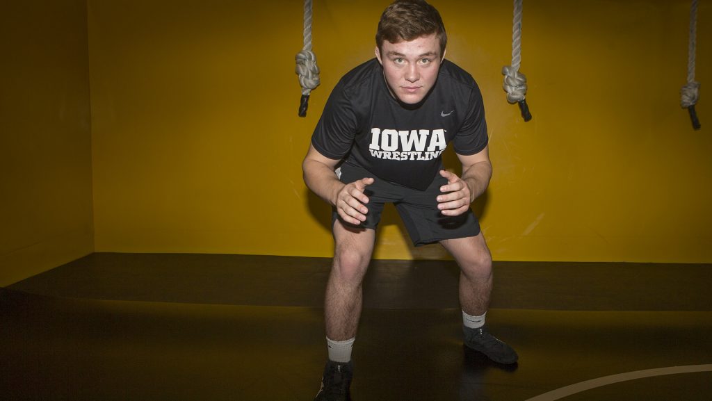 Jacob Warner poses for a portrait during Wrestling Media Day at Carver-Hawkeye Arena on Wednesday, Nov. 8, 2017.   Hawkeye Wresling begins Iowa City duels on Friday, Nov. 17 against Iowa Central Community College. (Lily Smith/The Daily Iowan)