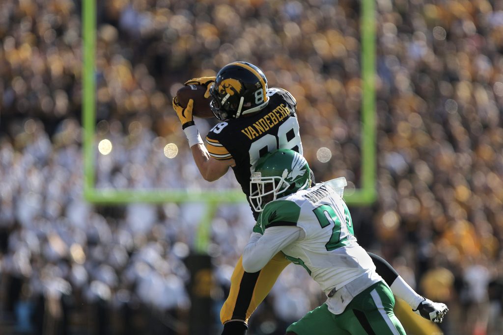 Iowa wide receiver Matt Vandeberg catches the ball during the Iowa-North Texas game in Kinnick Stadium on Saturday, Sept. 26, 2015. The Hawkeyes defeated the Mean Green, 62-16. (The Daily Iowan/Valerie Burke)