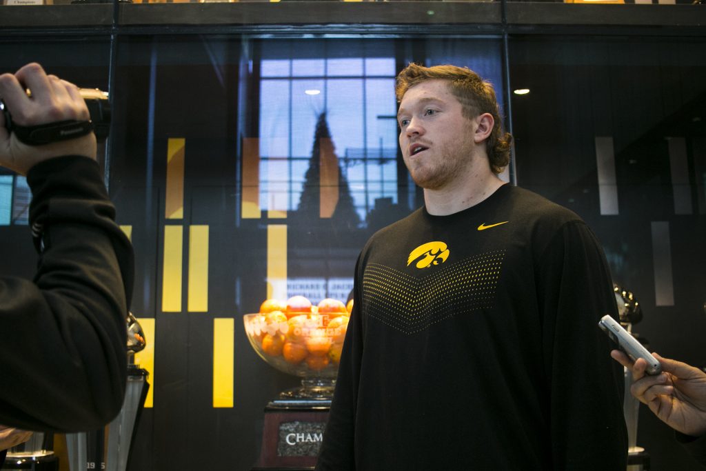 Iowa defensive end Parker Hesse speaks with members of the media during a media availability in the Hansen Football Performance Center on Sunday, Dec. 3, 2017. The Hawkeyes accepted an invitation to play Boston College at the New Era Pinstripe Bowl in New York City on Wednesday, Dec. 27. (Joseph Cress/The Daily Iowan)