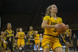 Iowa guard Makenzie Meyer looks to the hoop during the Iowa/Arkansas-Pine Bluff basketball game in Carver-Hawkeye Arena on Saturday, Dec. 9, 2017. The Hawkeyes defeated the Golden Lions, 85-45. 