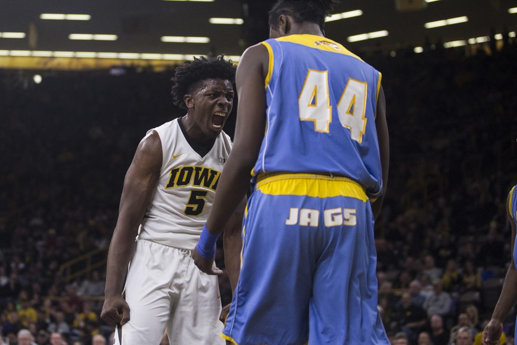 Iowa+guard+Tyler+Cook+%285%29+celebrates+a+slam+dunk+during+the+game+between+Iowa+and+Southern+at+Carver-Hawkeye+Arena+on+Sunday%2C+Dec.+10.+Iowa+went+on+to+defeat+Southern+91-60.+%28Ben+Allan+Smith%2FThe+Daily+Iowan%29