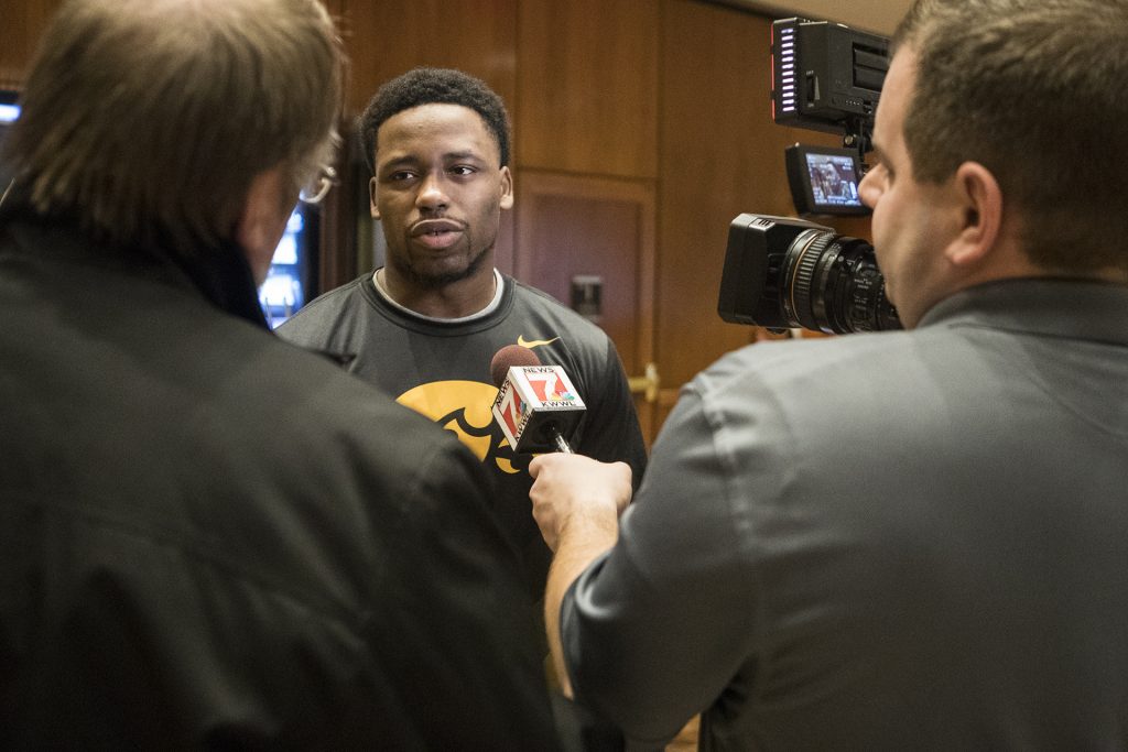 Iowa running back Akrum Wadley is interviewed during a media availability on Dec. 25, 2017 at the Hilton Hotel in New York City. (Ben Allan Smith/The Daily Iowan)