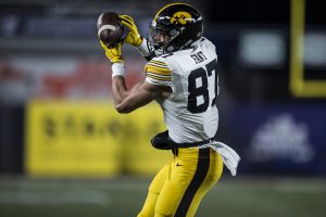 Iowa tight end Noah Fant (87) catches a touchdown pass during the New Era Pinstripe Bowl at Yankee Stadium in New York on Wednesday, Dec. 27. The Hawkeyes went on to win 27-20. (