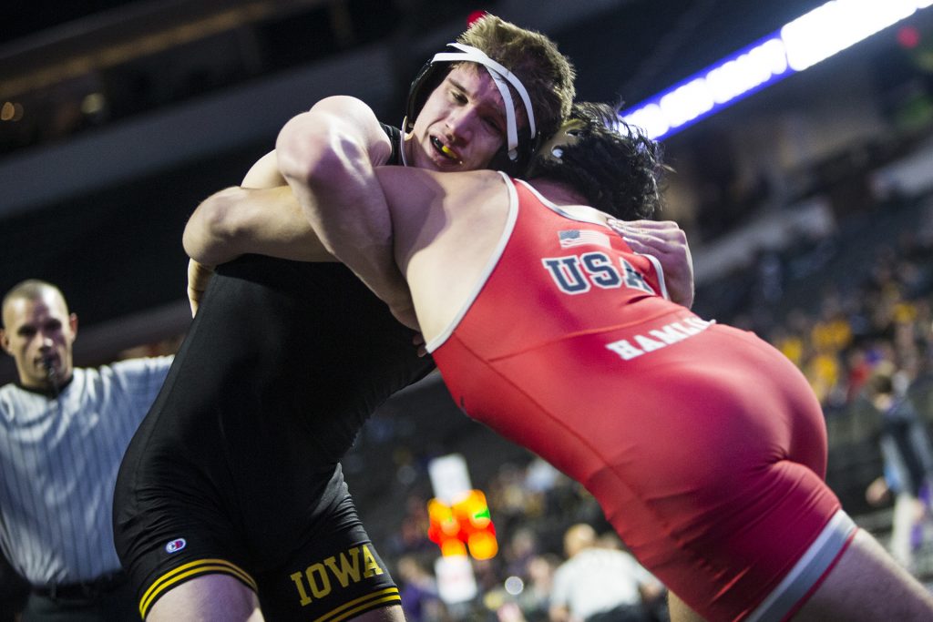 Iowas+184-pound+Cash+Wilcke+wrestles+during+the+first+session+of+the+55th+Annual+Midlands+Championships+in+the+Sears+Centre+in+Hoffman+Estates%2C+Illinois%2C+on+Friday%2C+Dec.+29%2C+2017.+%28Joseph+Cress%2FThe+Daily+Iowan%29