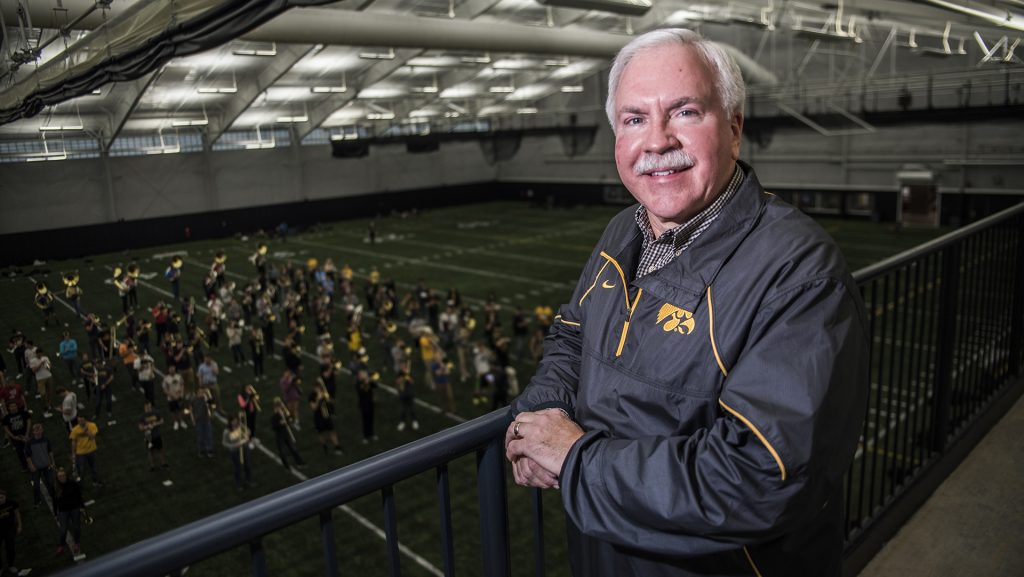 UI+Marching+Band+Director+Kevin+Kastens+poses+for+a+portraits+during+practice+at+the+Hawkeye+Tennis+and+Recreation+Center+on+Thursday%2C+Nov.+16.+Kastens+is+retiring+this+year+after+20+years+in+multiple+directorial+positions+at+the+University.+%28Ben+Smith%2FThe+Daily+Iowan%29