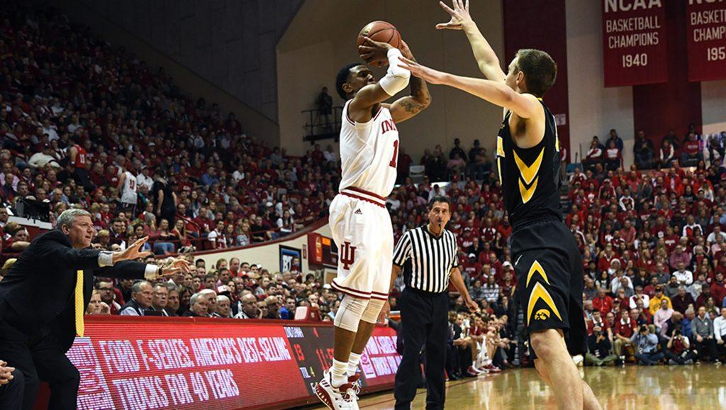 Sophomore guard Devonte Green takes a shot against Iowa Monday evening in Simon Skjodt Assembly Hall. Green had 12 points and four assists in IUs 77-64 win against Iowa. (Bobby Goddin/Indiana Daily Student)