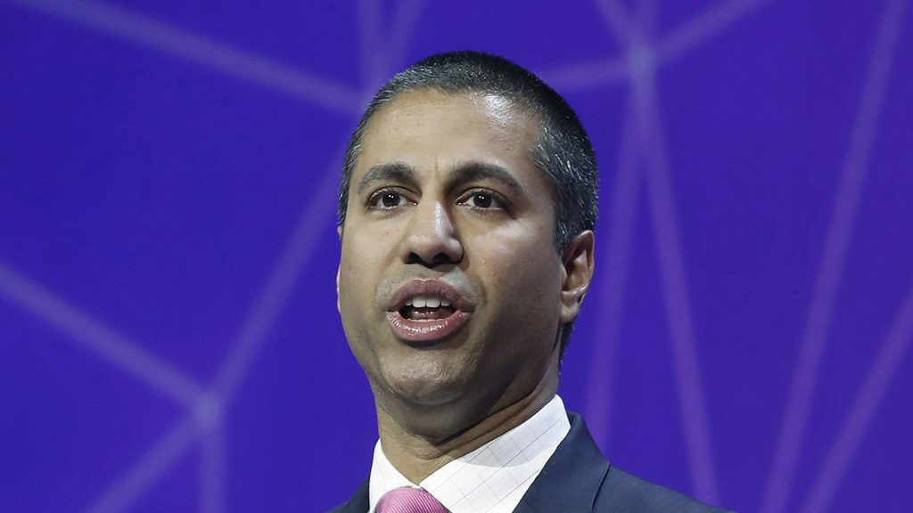 Chairman of the United States Federal Communications Commission (FCC), Ajit Pai, gives a speech during a conference at the Mobile World Congress (MWC) held in Barcelona, northeastern Spain, Feb. 28, 2017. (Andreu Dalmau/EFE/Zuma Press/TNS)