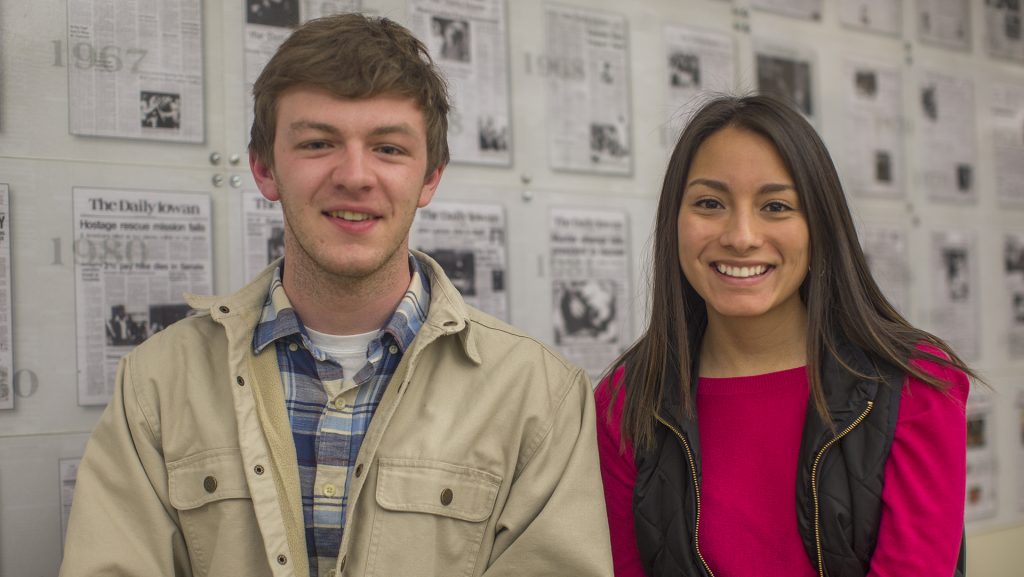 UISG President Jacob Simpson and Vice President Lilián Sánchez pose for a portrait in the Iowa City Daily Iowan Newsroom on Friday, Dec. 1, 2017. (Lily Smith/The Daily Iowan)