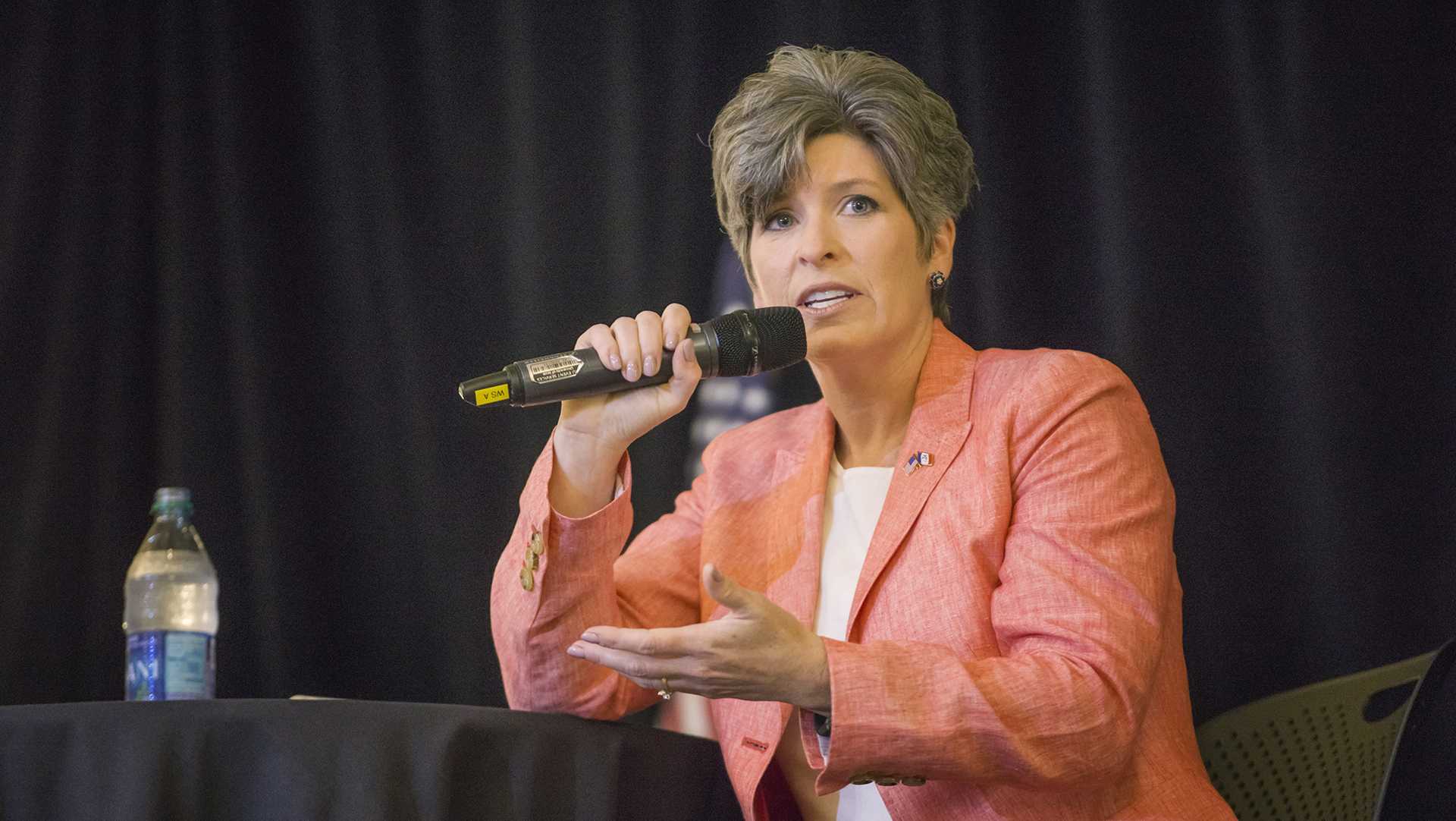 Sen. Joni Ernst, R-Iowa, responds to questions from the crowd at a Town Hall meeting in the Iowa Memorial Union on Friday, Sept. 22, 2017. 