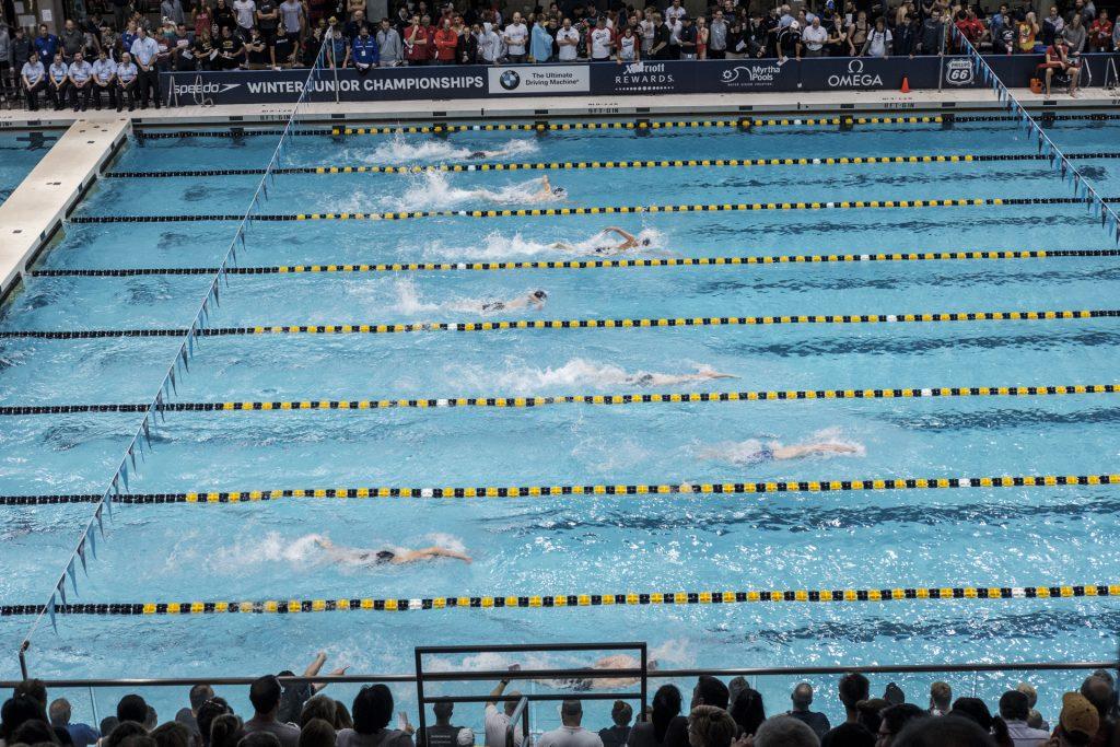 Swimmers compete during day three of the USA Swimming West Junior Nationals in Iowa City on Saturday, Dec. 9, 2017. (Nick Rohlman/The Daily Iowan)