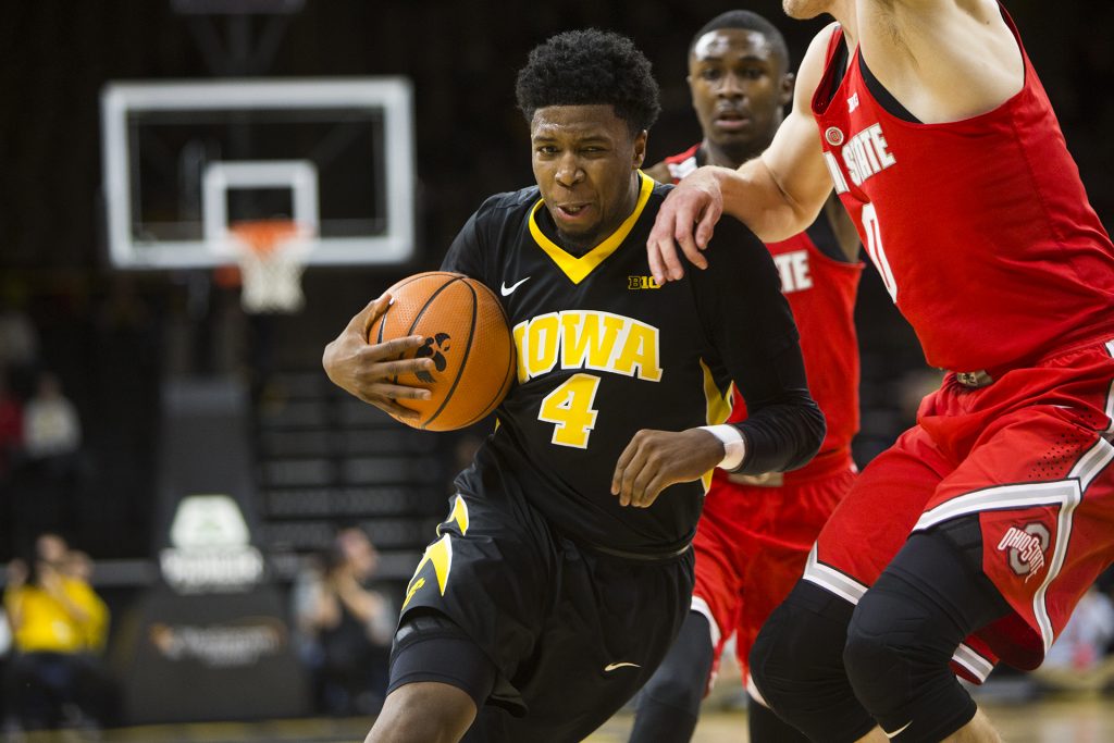 Iowa guard Isaiah Moss drives to the hoop during an Iowa/Ohio State mens basketball game in Carver-Hawkeye Arena on Thursday, Jan. 4, 2018. The Buckeyes defeated the Hawkeyes, 92-81. (Joseph Cress/The Daily Iowan)