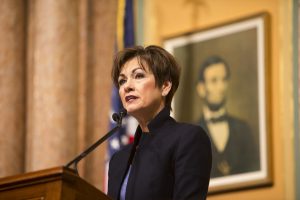 Iowa Gov. Kim Reynolds speaks during her first Condition of the State address in the Iowa State Capitol in Des Moines on Tuesday, Jan. 9, 2018. 