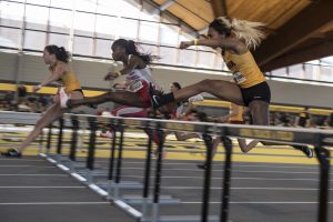 Iowas Tria Simmons competes in the Womens 60 Meter Hurdles during the Hawkeye Invitational indoor track meet at the Campus Recreation Building on Satuday, Jan. 13, 2017. Simmons finished third with the time of 8.77. The Hawkeyes opened up the season with over 11 titles for the day.