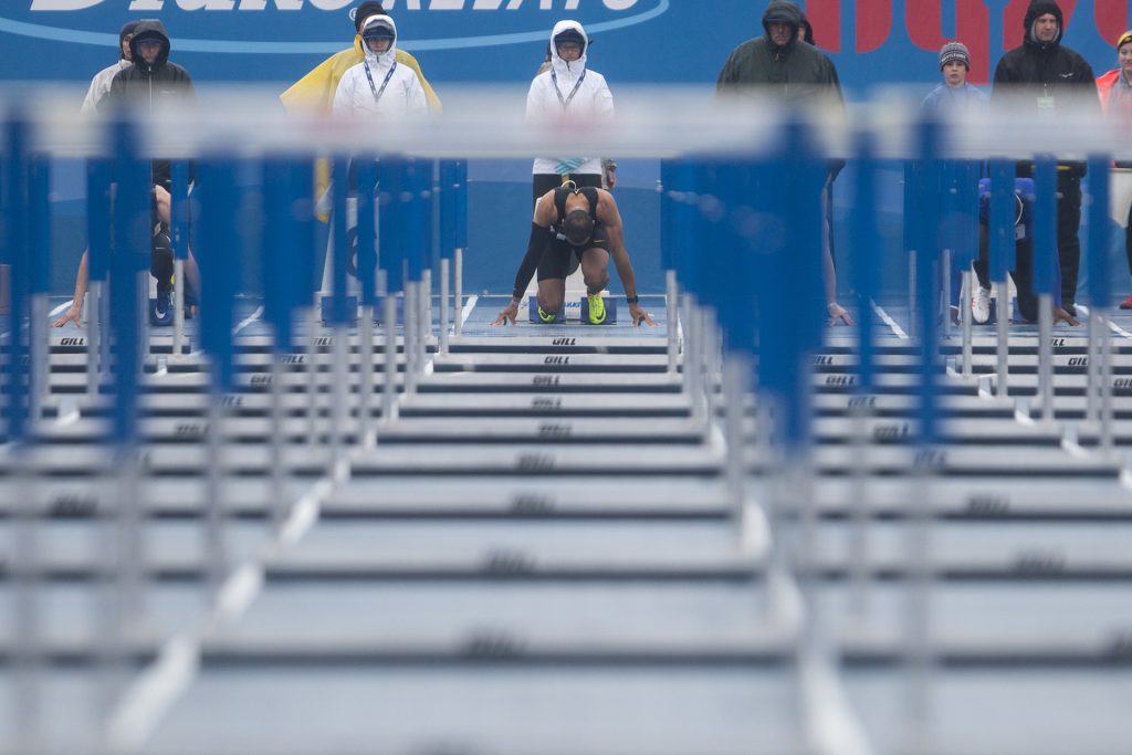 Iowa's Aaron Mallet waits on starting blocks during the 110-meter hurdles at Drake Stadium during the Drake Relays on Saturday, April 29, 2017. Mallet won with a time of, 13.47. (The Daily Iowan/Joseph Cress)