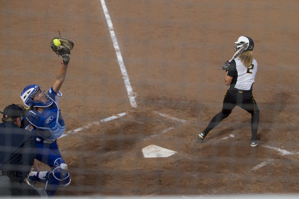 Aralee Bogar loses ball to catcher at Pearl Field Softball Complex on Sunday, Oct. 1, 2017. The Hawkeyes defeated the Drake Bulldogs 6-5. (Ashley Morris/The Daily Iowan)