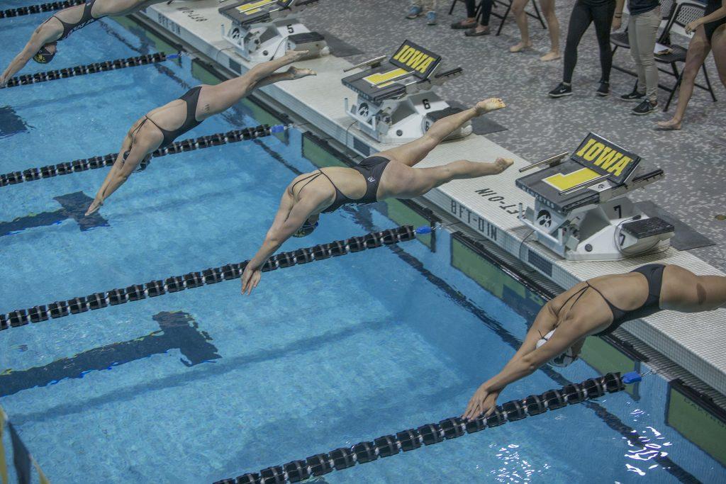 Swimmers leap off the starting blocks during a swim meet between Iowa and Michigan State inside the Campus Recreation and Wellness Center Natatorium on Thursday, September 8, 2017. The Hawkeyes opened their 100th season of swim and dive. (Shivansh Ahuja/The Daily Iowan)