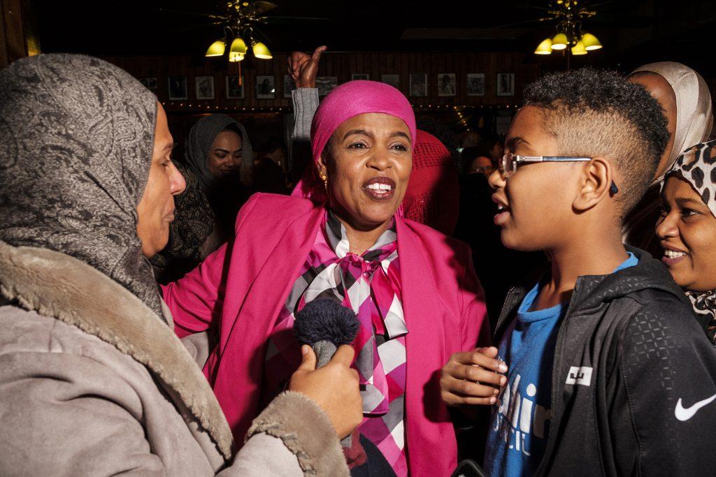 Mazahir Salih celebrates with supporters and family members after election results were announced at the Mill in Iowa City on Tuesday, Nov. 7, 2017. Salih won an at large seat on the Iowa City city council along with incumbent Kingsley Botchway. (Nick Rohlman/The Daily Iowan)