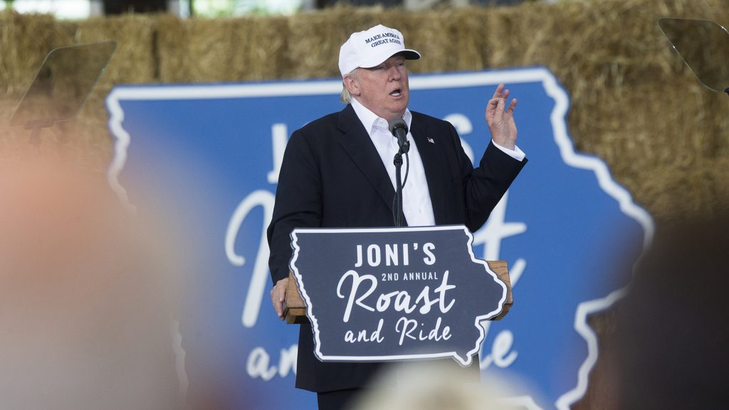 Republican presidential nominee Donald Trump gestures while speaking during Joni Ernsts second annual Roast and Ride event in Des Moines on Saturday, August 27, 2016. The event started with a 42-mile motorcycle ride from the Big Barn Harley-Davidson dealership to the Iowa State Fairgrounds where Ernst hosted a rally with fellow Republican leaders headlined by Trump. (The Daily Iowan/Joseph Cress)