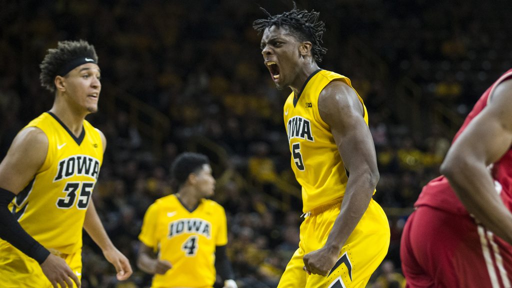 Iowa forward Tyler Cook (5) celebrates a dunk during the NCAA mens basketball game between Iowa and Wisconsin at Carver-Hawkeye Arena on Tuesday, Jan. 23, 2018. The Hawkeyes are going into the game with a conference record of 1-7. Iowa went on to defeat Wisconsin 85-67. (Ben Allan Smith/The Daily Iowan)