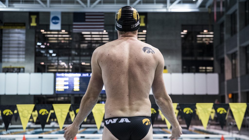 during the Senior Day meet between Iowa and Minnesota at the Campus Recreation and Wellness Center on Friday, Oct. 27, 2017. The Iowa mens swimming team beat the 21st ranked Minnesota Golden Gophers 168-132. (Ben Smith/The Daily Iowan)
