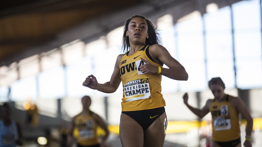 Iowa senior Sheridan Champe finishes first in the Womens 200 Meter Dash during the Hawkeye Invitational indoor track meet at the Campus Recreation Building on Satuday, Jan. 13, 2017. Champe finished with a time of 24.70. The Hawkeyes opened up the season with over 11 titles for the day. (Ben Allan Smith/The Daily Iowan)