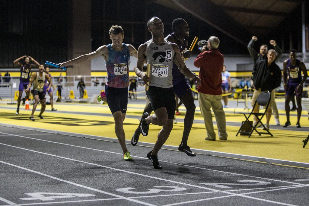 Iowa's Mar'yea Harris crosses the finish line during the 4x400 meter relay during the Larry Wieczorek Invitational on Saturday, Jan. 20, 2017. (Nick Rohlman/The Daily Iowan)