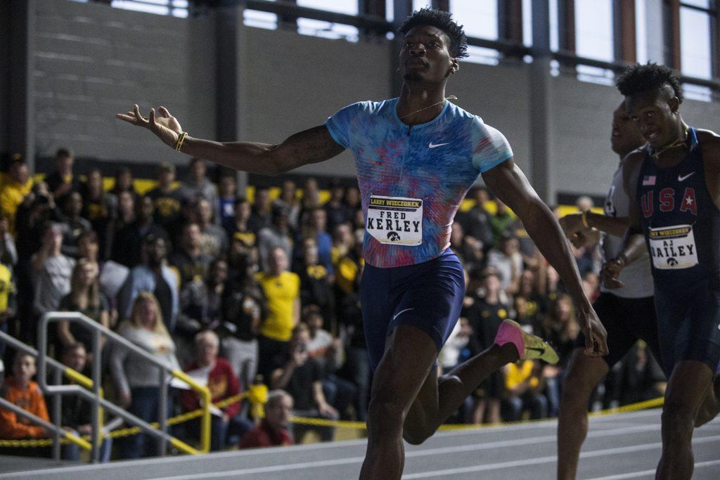 Fred Kerley celebrates his win in the 400m during the Larry Wieczorek Invitational on Saturday, Jan. 20, 2017. (Nick Rohlman/The Daily Iowan)