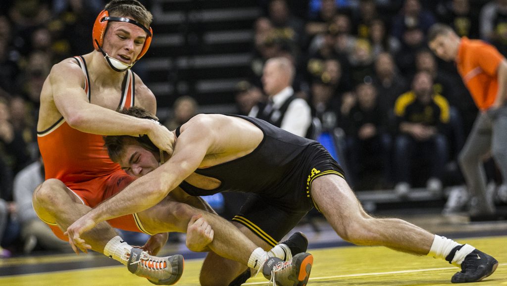 Iowas 149-pound Brandon Sorensen competes during the NCAA wrestling match between Iowa and Oklahoma State at Carver-Hawkeye Arena on Sunday, Jan. 24, 2018. The Hawkeyes beat No. 3 OSU 20-12. (Ben Allan Smith/The Daily Iowan)