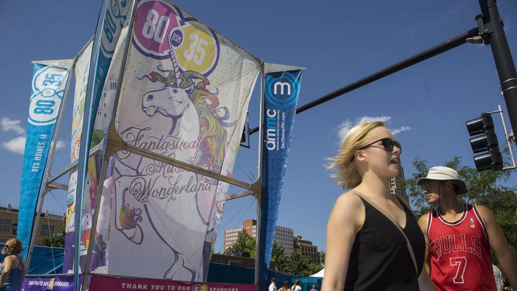 Patrons stroll the streets in Des Moines during the 80/35 music festival in July 2017. (Ben Allan Smith/The Daily Iowan)