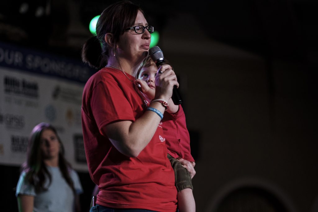 Anna Ertz speaks about her son Jackson Gipe during Dance Marathon at the Iowa Memorial Union on Saturday, Feb. 3, 2018. Jackson passed away after being diagnosed with t-cell lymphoblastic lymphoma. Ertz says she attends dance marathon because of the support it provides for her and her family: "There's not a lot of places you can go where people want to hear your story over and over again." (Nick Rohlman/The Daily Iowan)