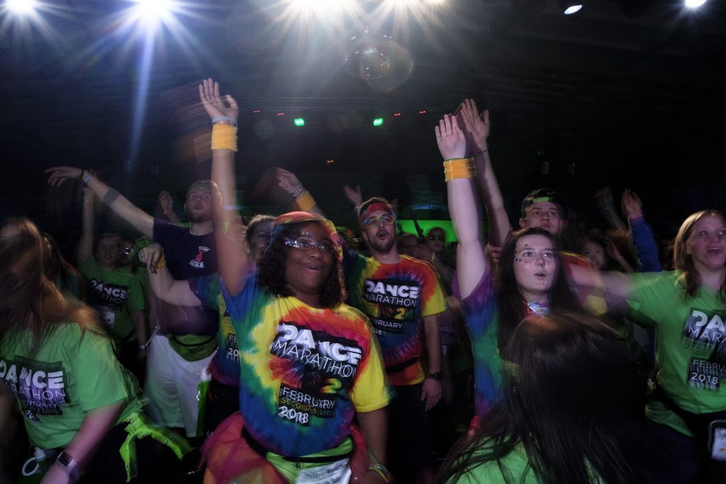 Dancers participate in Jazzercise during Dance Marathon at the Iowa Memorial Union on Saturday, Feb. 3, 2018. (Nick Rohlman/The Daily Iowan)