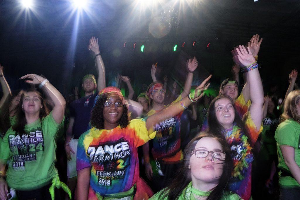 Dancers participate in Jazzercise during Dance Marathon at the Iowa Memorial Union on Saturday, Feb. 3, 2018. (Nick Rohlman/The Daily Iowan)