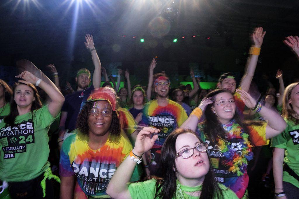 Dancers participate in Jazzercise during Dance Marathon at the Iowa Memorial Union on Saturday, Feb. 3, 2018. (Nick Rohlman/The Daily Iowan)