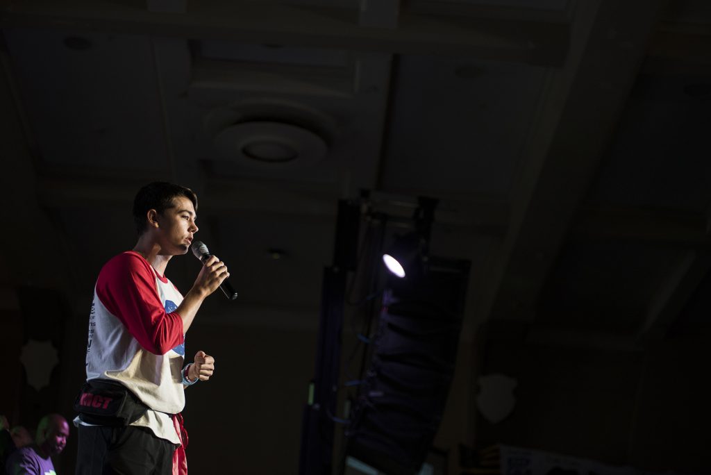 Dillyn Mumme, a survivor of leukemia, speaks to DM participants during the In the Limelight Talent Show at UI Dance Marathon 24 inside IMU on Saturday, Feb. 3, 2018. Mumme obtained a summer internship with the Johnson Space Center in Houston, TX this past year. He spoke about the differences between failing and failure as well as encouraged all members of the crowd to make an impact on the lives of those around them. (Ben Allan Smith/The Daily Iowan)