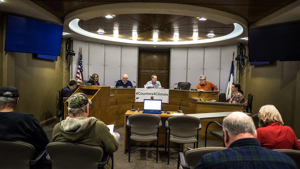 Proceedings were underway at a public hearing for the Planning and Zoning Commission in the Johnson County administration building on Monday, Feb. 12, 2018. The public hearing covered a variety of issues ranging from sustainability, infrastructure, land use and the local economy. (James Year/The Daily Iowan)