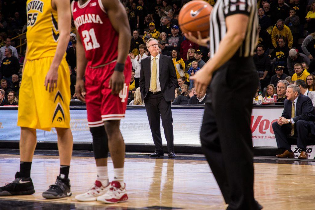 Iowa+Head+Coach+Fran+McCaffery+reacts+on+the+sidelines+during+a+game+against+Indiana+University+at+Carver-Hawkeye+Arena+on+Saturday%2C+Feb.+17%2C+2018.+The+Hoosiers+defeated+the+Hawkeyes+84+to+82.+%28David+Harmantas%2FThe+Daily+Iowan%29