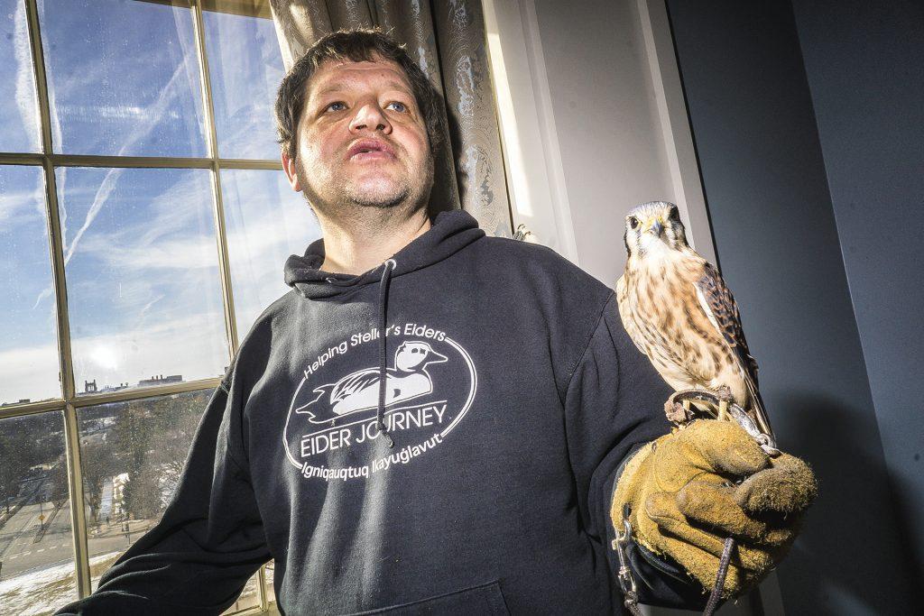 Iowa Raptor Project Coordinator, Shawn Hawks, poses for a portrait while answering questions shortly after lecture at the Old Capitol Building on Sunday, Feb. 18, 2018. The lecture was put on by the Solon based Iowa Raptor Project and focused on conservation issues regarding Iowas raptor population. (James Year/The Daily Iowan)