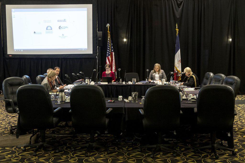 The Board of Regents meeting commences inside the IMU Main Lounge on Wednesday, Sept. 6, 2017. In attendance was Sarah Fisher Gardial, Dean of the Tippie College of Business, who addressed the removal of a full-time MBA program through the business school. (Ben Smith/The Daily Iowan)