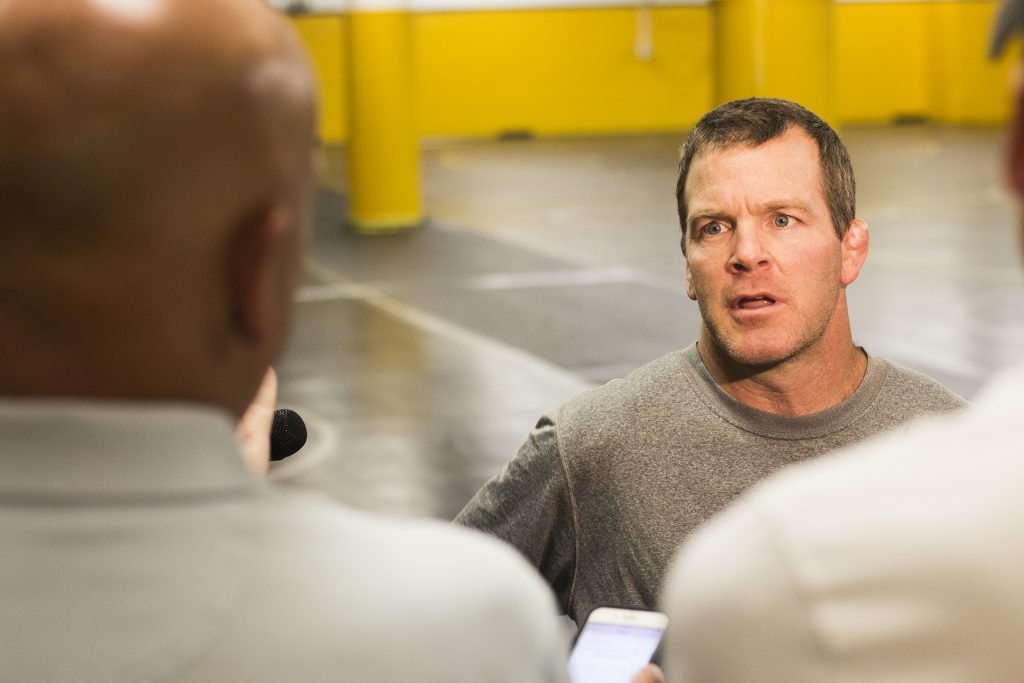 Iowa assistant coach Terry Brands speaks with members of the media during a wrestling practice inside the Dan Gable Wrestling Complex in Carver-Hawkeye Arena on Thursday, Aug. 10, 2017. Thomas Gilman is traveling to Paris, France, to compete for the World Championship on Aug. 25. Gilman is the fourth Hawkeye to represent the United States national team at 57 kg in a row since 2014. (Joseph Cress/The Daily Iowan)