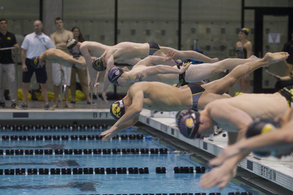 Swimmers take a dive into the pool for the Mens 100 Yard IM during a swim meet between University of Iowa and Western Illinois on Friday, Feb. 2, 2018 at the University Aquatic Center. Swimmers competed in a variety of events including relays and freestyle swimming. (Katie Goodale/The Daily Iowan)