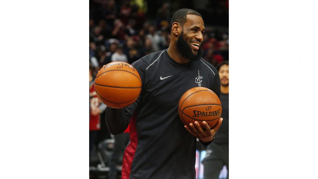 Cleveland Cavaliers forward LeBron James shares a laugh in warm-ups before taking on the Oklahoma City Thunder on Saturday, Jan. 20, 2018, at Quicken Loans Arena in Cleveland, Ohio. The Thunder won, 148-124. (Leah Klafczynski/Akron Beacon Journal/TNS)